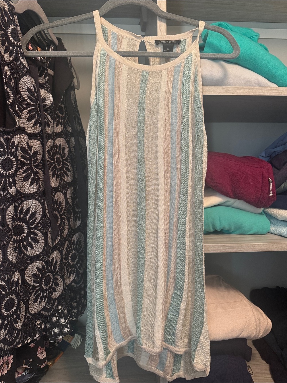 White House Black Market Striped Knit Tank in Light Blue, Cream, Beige